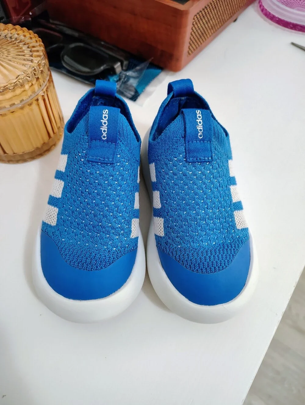 ADIDAS Bubblecomfy Blue Slip-On Knit Sneakers Bright Royal / Cloud White Size 9k - Picture 4 of 8